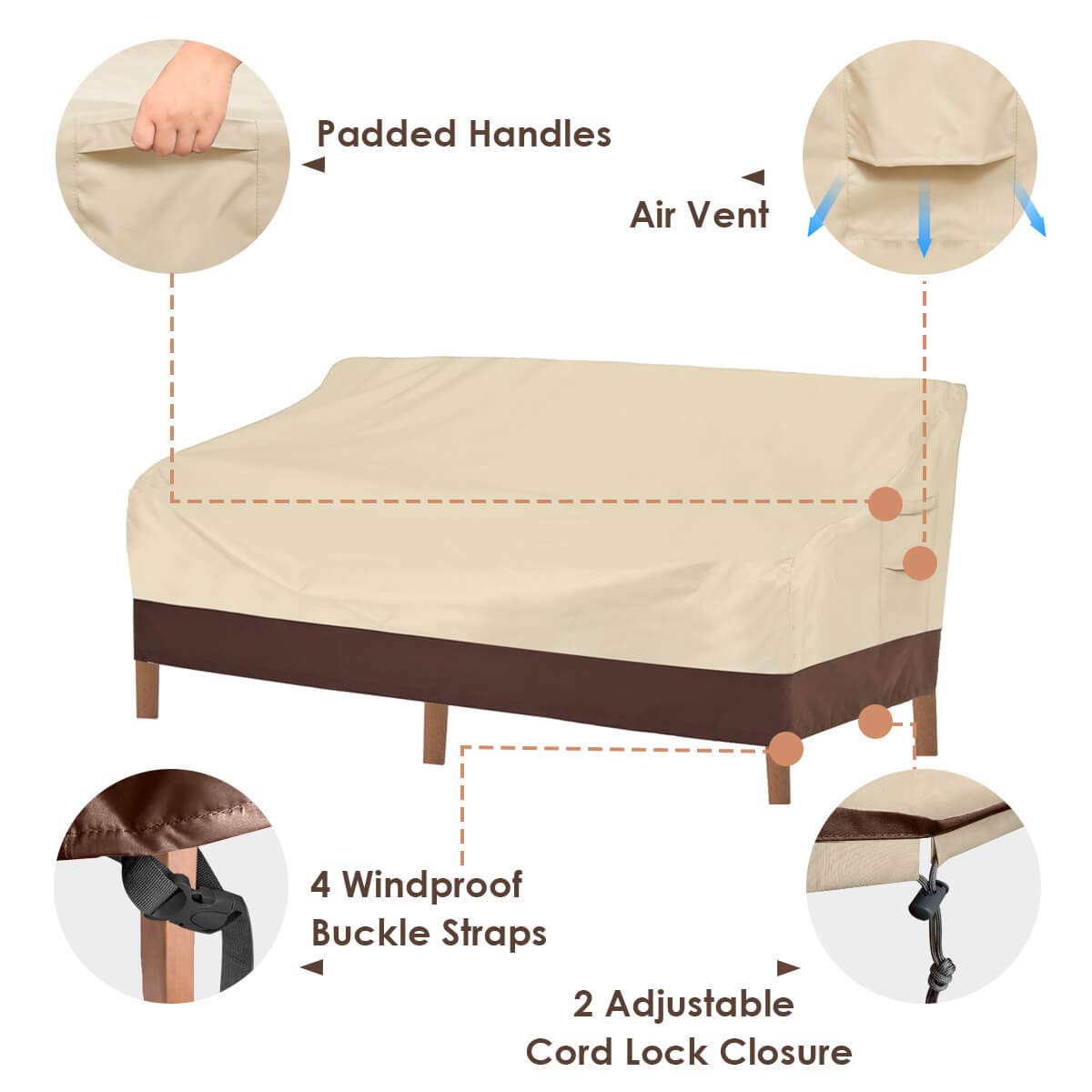 Vailge Heavy Duty Patio Sofa Cover, 100% Waterproof 3-Seater Outdoor Sofa Cover,Lawn Patio Furniture Covers With Air Vent And Handle,79' Wx 37' Dx 35' H,Beige&Brown