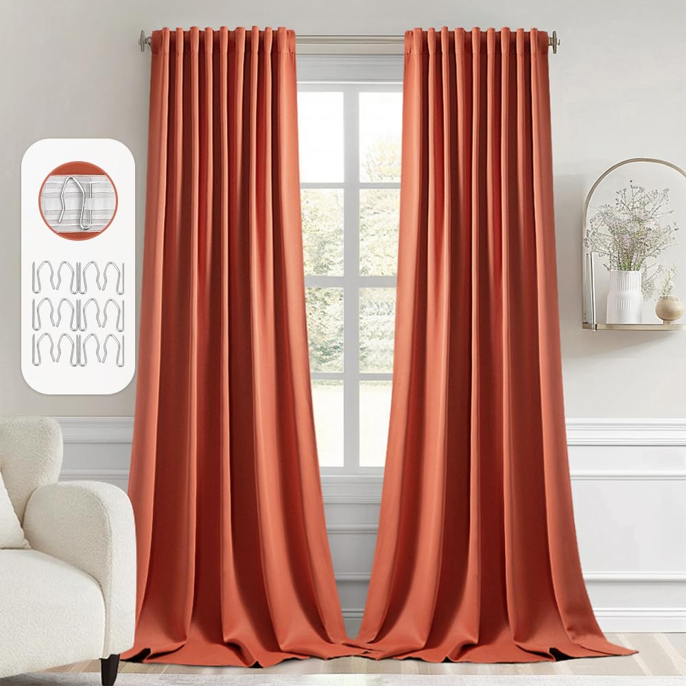 Miulee Back Tab Burnt Orange Blackout Curtains 96 Inch Long 2 Panels Set For Bedroom, Fall Terracotta Rod Pocket/Pinch Pleated Thermal Insulated Room Darkening Light Blocking Floor To Ceiling Drapes