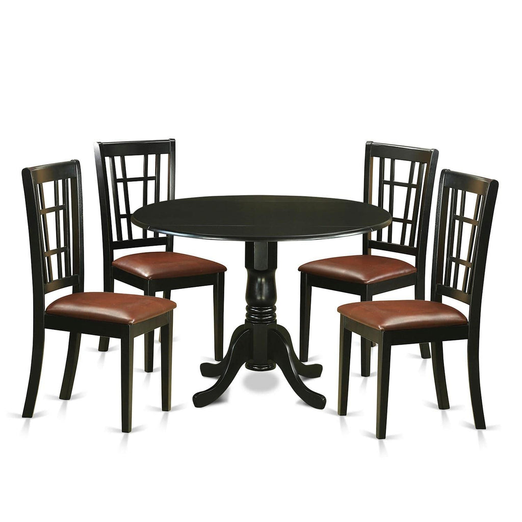 East West Furniture DLNI5-BLK-LC 5 Piece Dining Set Includes a Round Dining Room Table with Dropleaf and 4 Faux Leather Upholstered Kitchen Chairs, 42x42 Inch, Black