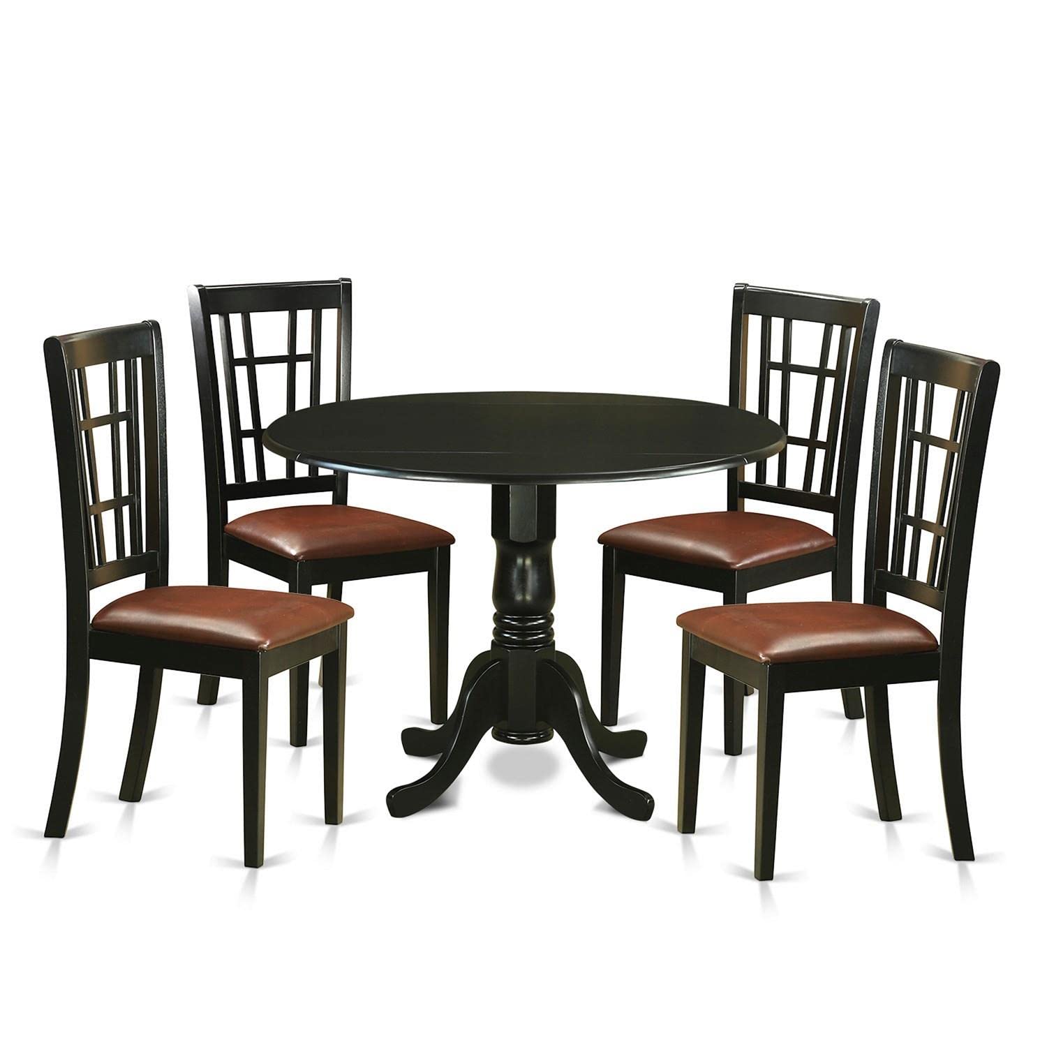 East West Furniture DLNI5-BLK-LC 5 Piece Dining Set Includes a Round Dining Room Table with Dropleaf and 4 Faux Leather Upholstered Kitchen Chairs, 42x42 Inch, Black