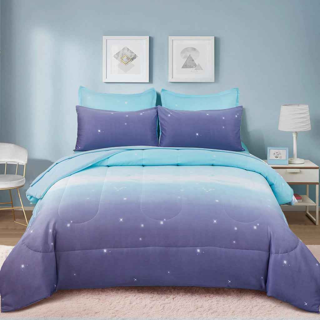 Dinjoy Girls Women Comforter Set King Size Ombre Blue Purple Rainbow Bedding Set 7 Pieces Bed in A Bag for Teen Adult (1 Comfort