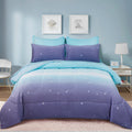 Dinjoy Girls Women Comforter Set King Size Ombre Blue Purple Rainbow Bedding Set 7 Pieces Bed in A Bag for Teen Adult (1 Comfort
