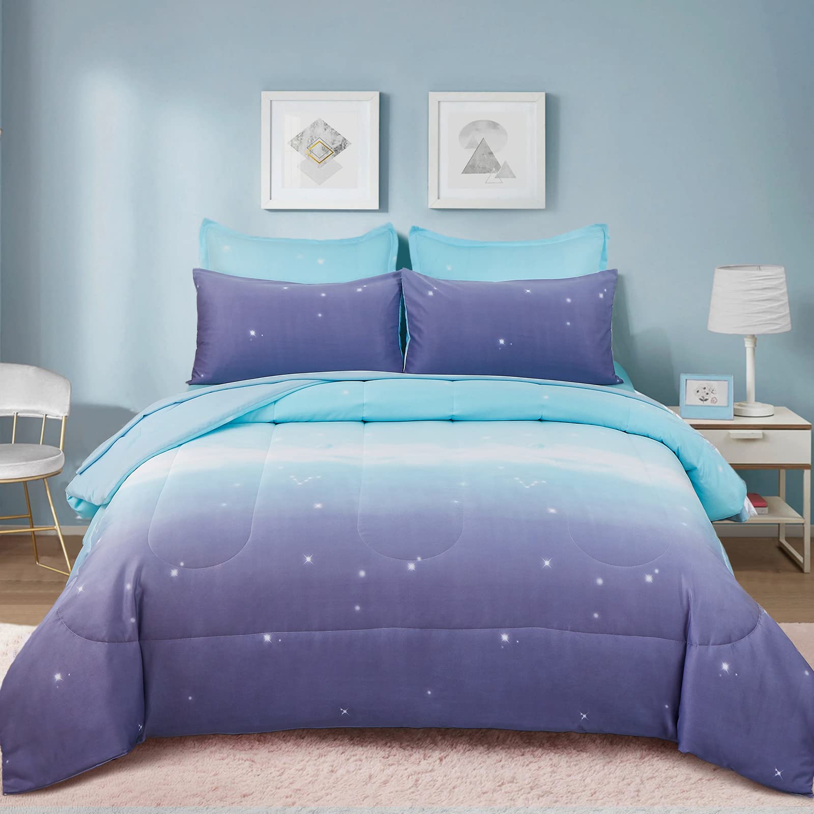 Dinjoy Girls Women Comforter Set King Size Ombre Blue Purple Rainbow Bedding Set 7 Pieces Bed in A Bag for Teen Adult (1 Comfort