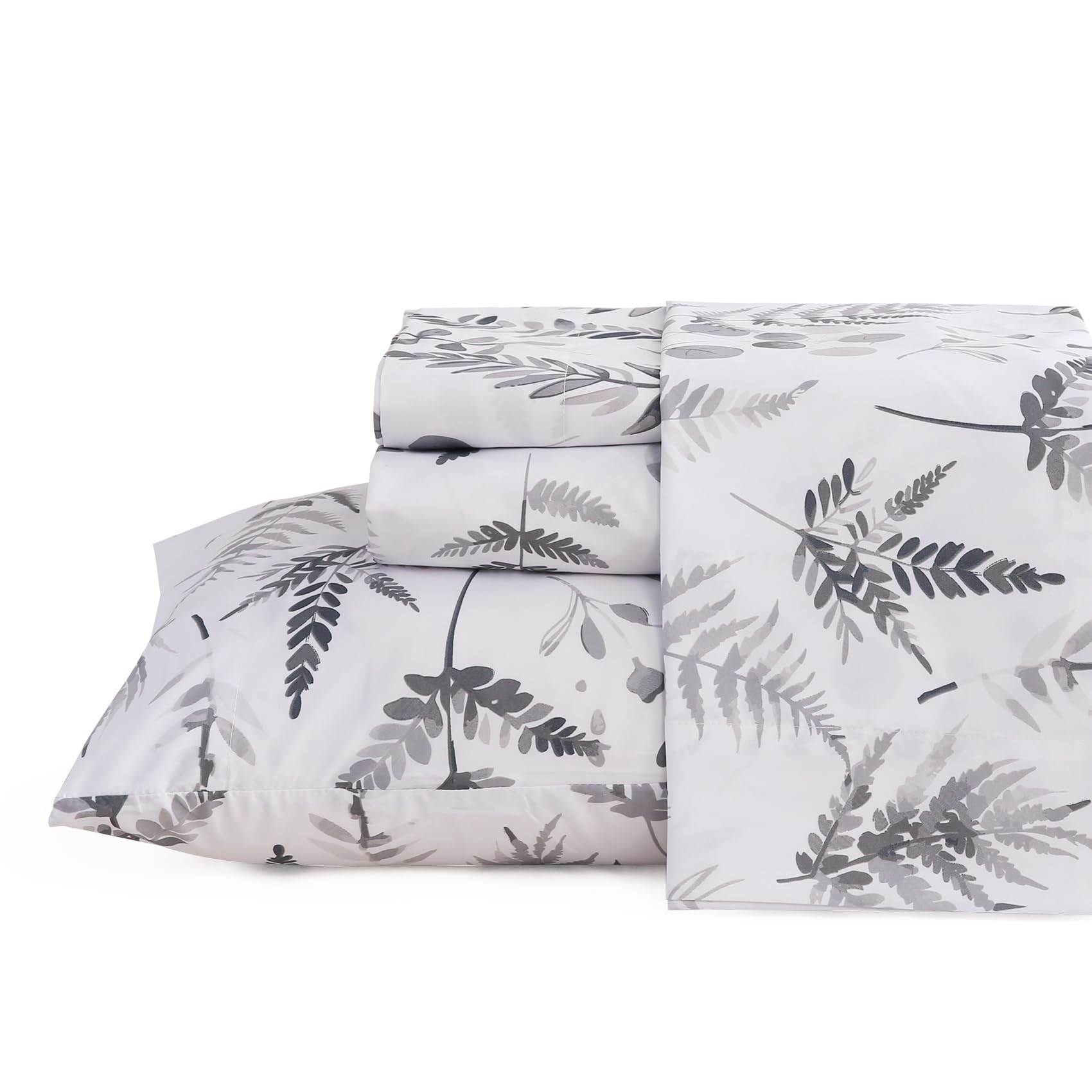 Jsd Grey White Boho Herbs Ferns Sheet Set King Size, 4 Piece Botanical Printed Microfiber Bed Sheets Deep Pocket