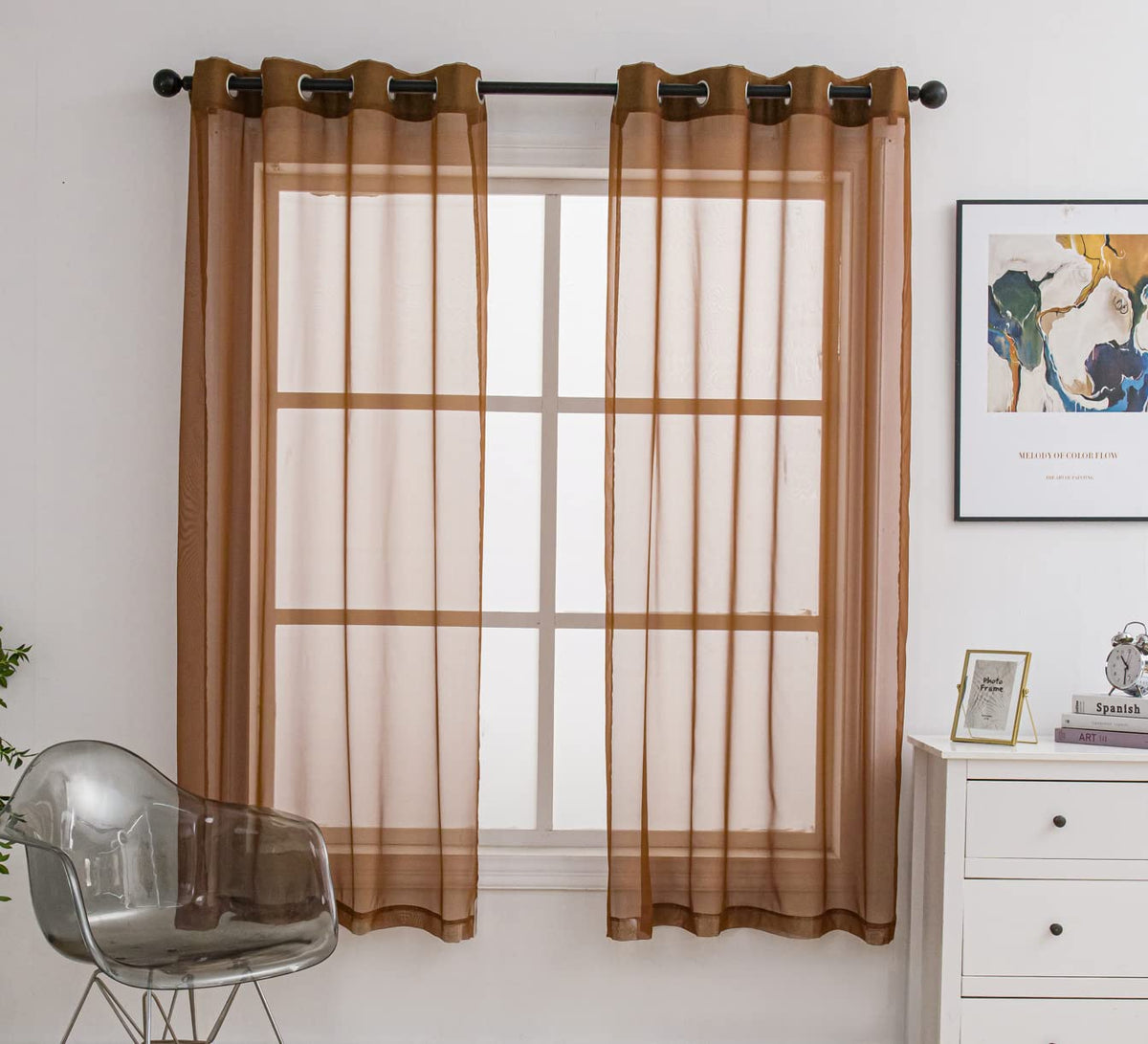 Pi Sheer Curtains With Grommets,Flat Seam Sheer Window Treatment For Office/Dinning Room 2 Panels (W52 X L72, Brown)