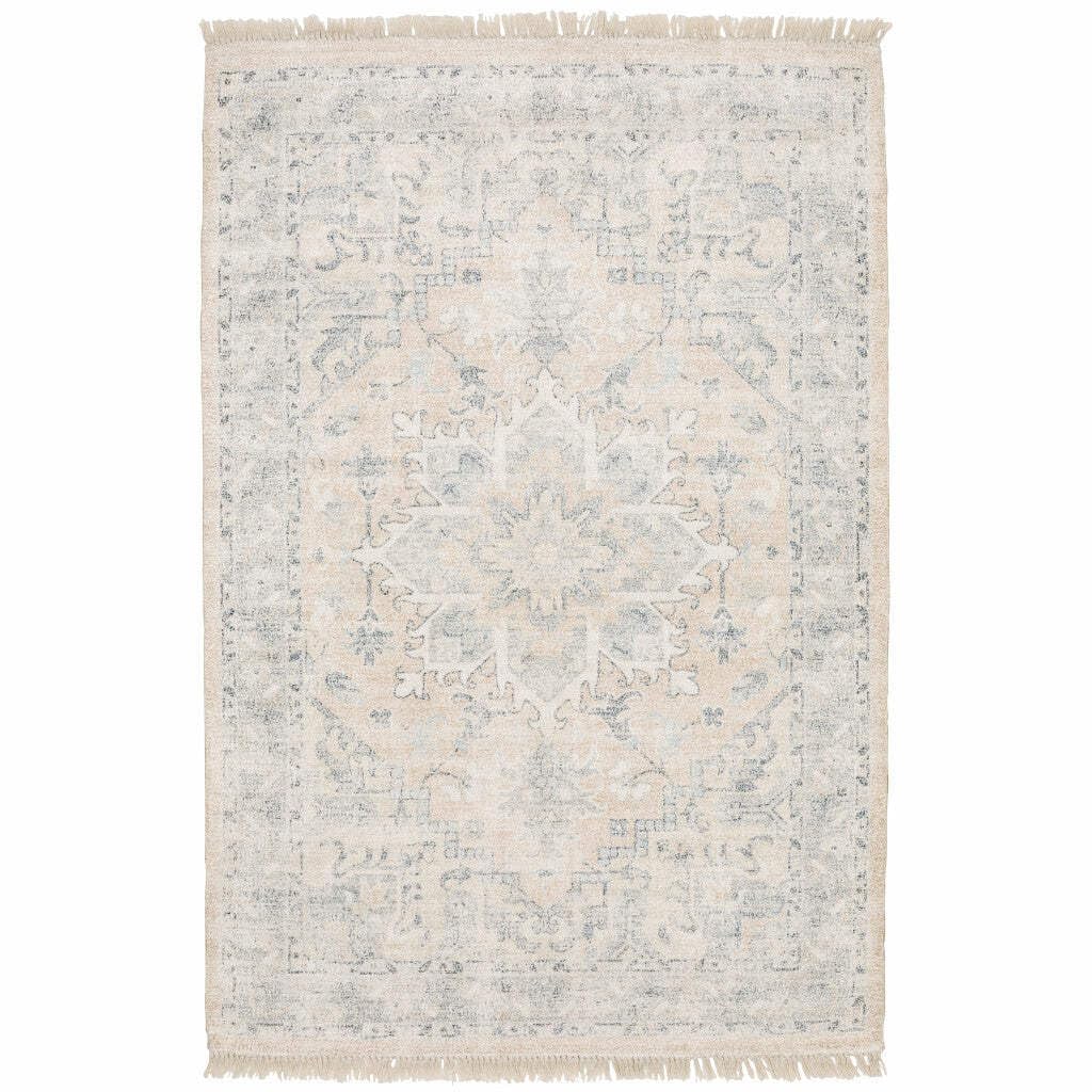HomeRoots 509449 10 x 13 ft. Beige & Gray Oriental Hand Loomed Stain Resistant Rectangle Area Rug with Fringe