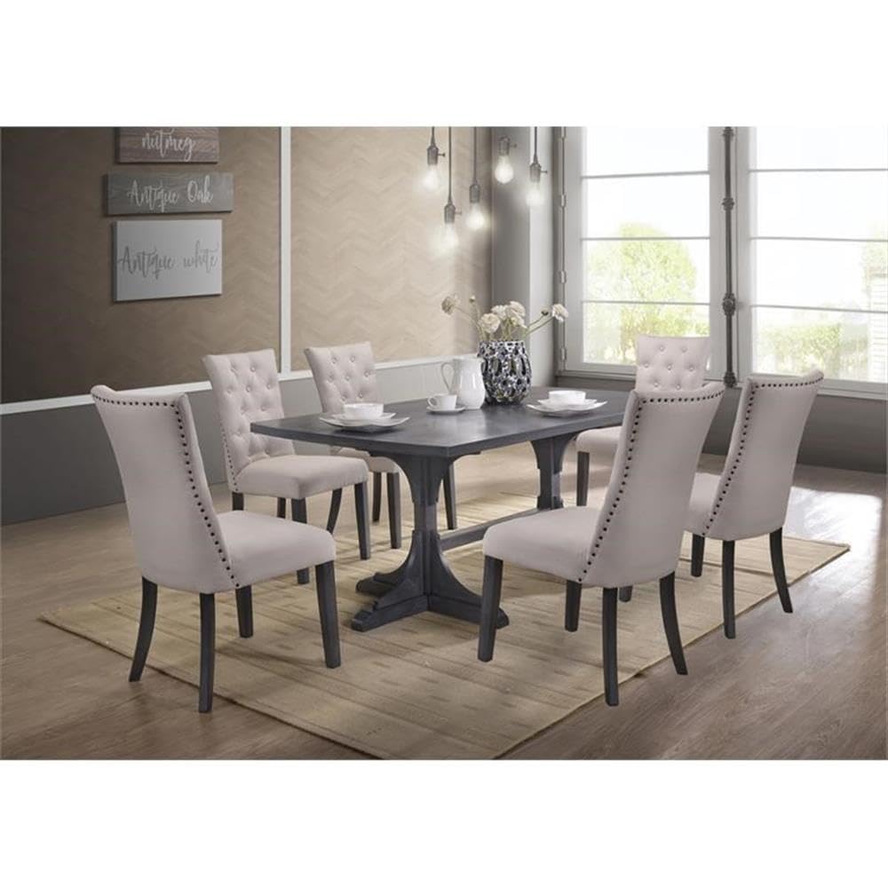 Best Quality Furniture Modern Light Gray Linen Look 7 Piece Upholstered Dining Set