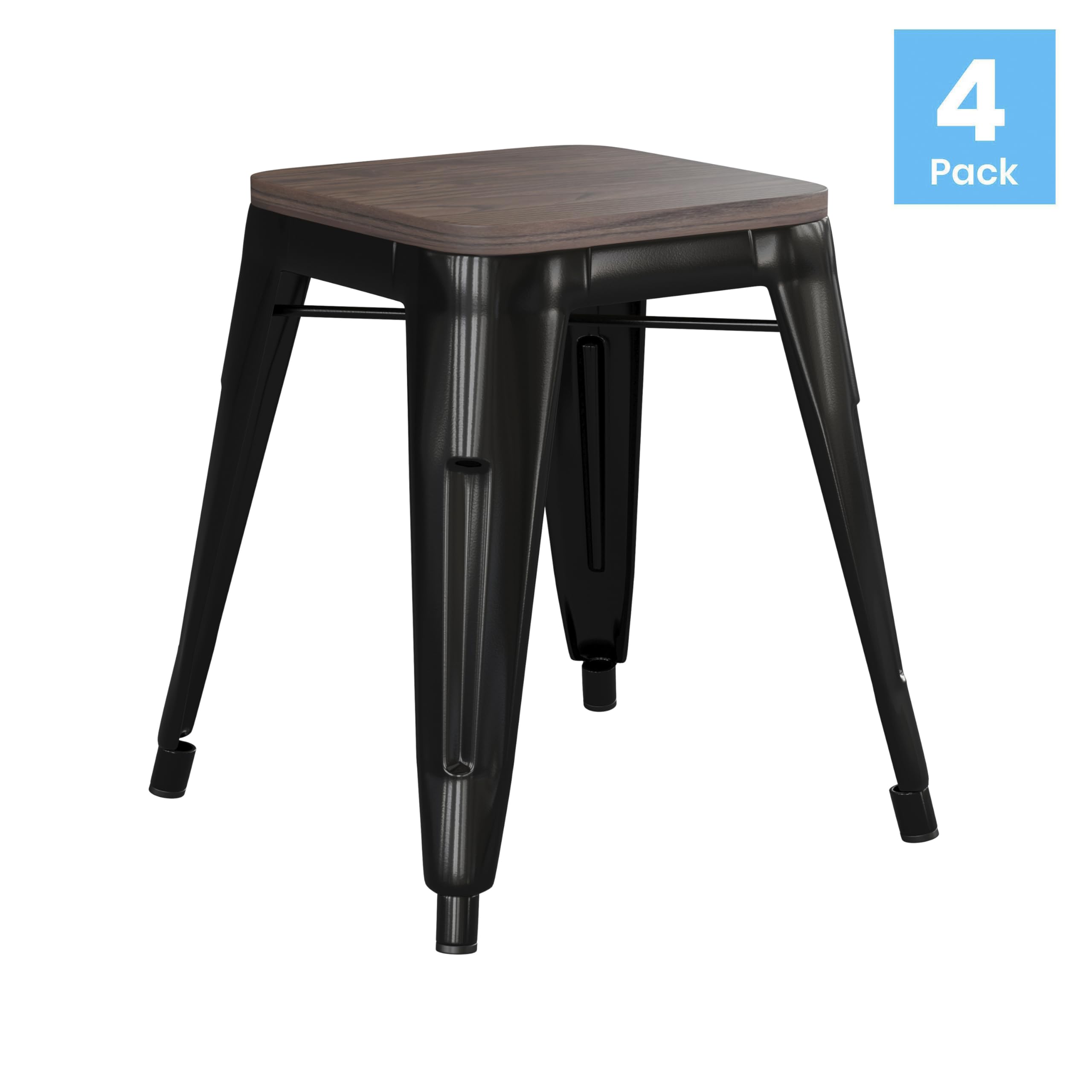 Flash Furniture Metal Dining Table Height Stool with Wooden Seat Set of 4 - Backless Black Kai Commercial Grade Stool - Kai 18" Stackable Dining Chairs