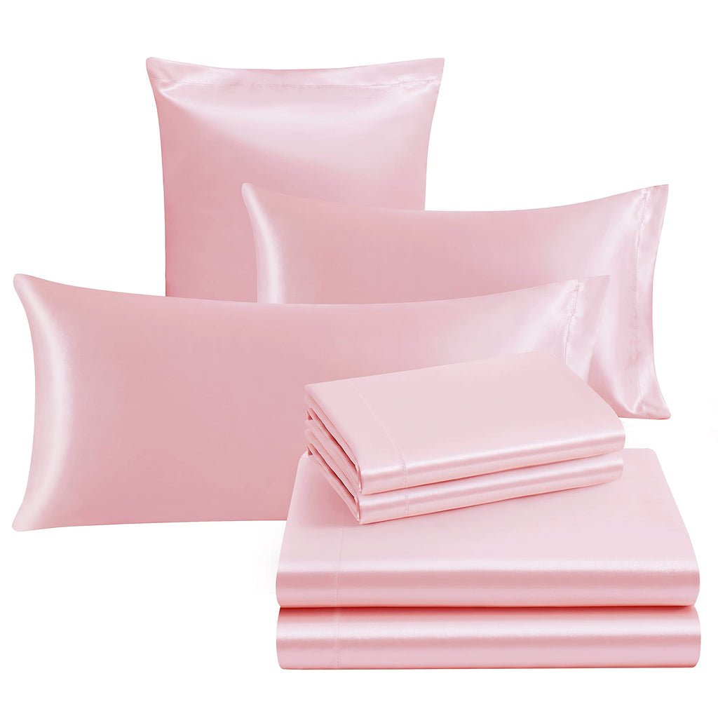 Ersmak 4 Pieces Satin Sheets Set Twin Size, Luxury Silky Blush Pink Satin Bed Sheets Set With 1 Deep Pocket Fitted Sheet, 1 Soft