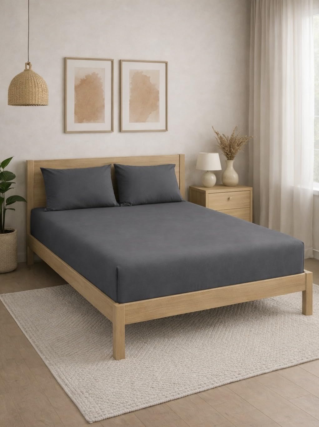 The Home Style Solid Plain Cotton Feel Fitted Bedsheet King Size (72X78 Inches) | 2 Pillow Covers | 300 Tc | Elastic Fit | Fits