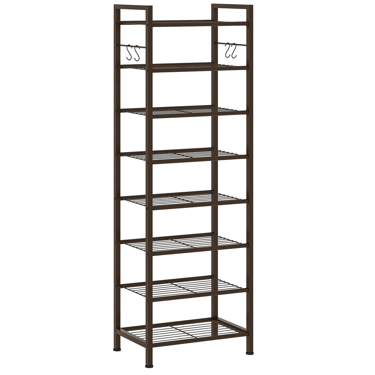 USIKEY 8 Tiers Narrow Shoe Rack 16-24 Pairs, Sturdy Metal Tall Shoe Rack Shelf with 4 Hooks, Slim Shoe Storage Organizer with Me