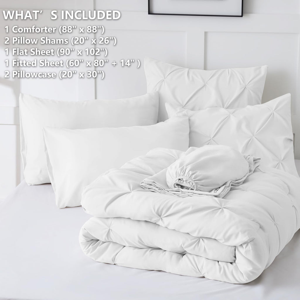 Himeet White Queen Comforter Set 7 Pieces White Queen Comforter(88''X88'') Pintuck White Comforter Set Pinch Pleat White Comfort