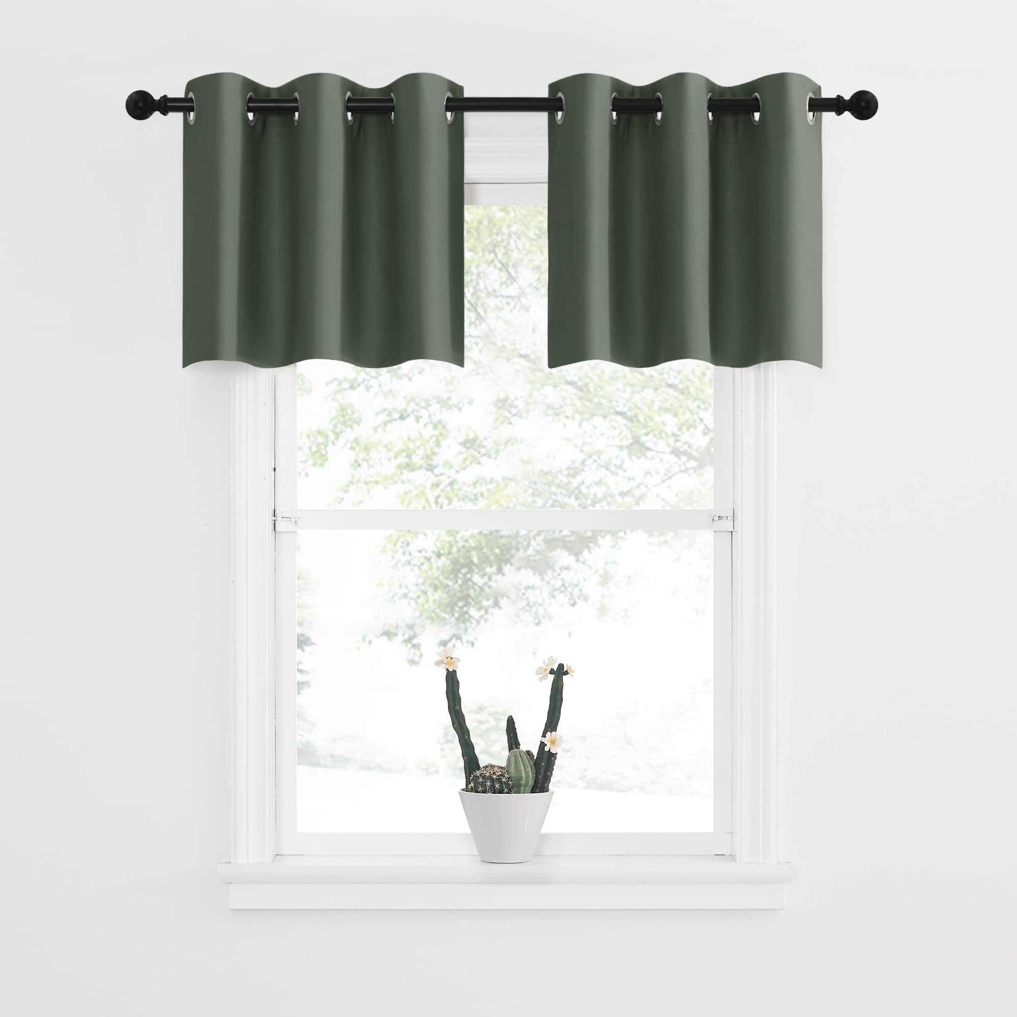 Nicetown Blackout Valance Curtains Room Darkening, Short Kitchen Curtain Valances, Grommet Top Window Curtains Topper Tiers For Bedroom/Living Room/Basement(2 Panels, 42X18 Inches, Dark Mallard)