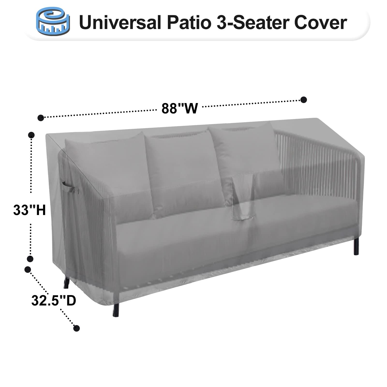 Outdoorlines Outdoor Waterproof Patio 3-Seater Couch Cover - Uv Resistant Patio Sofa Furniture Covers Weatherproof Heavy Duty Glider Covers For Outdoor Furniture, 88Wx32.5Dx33H Inches, Gray