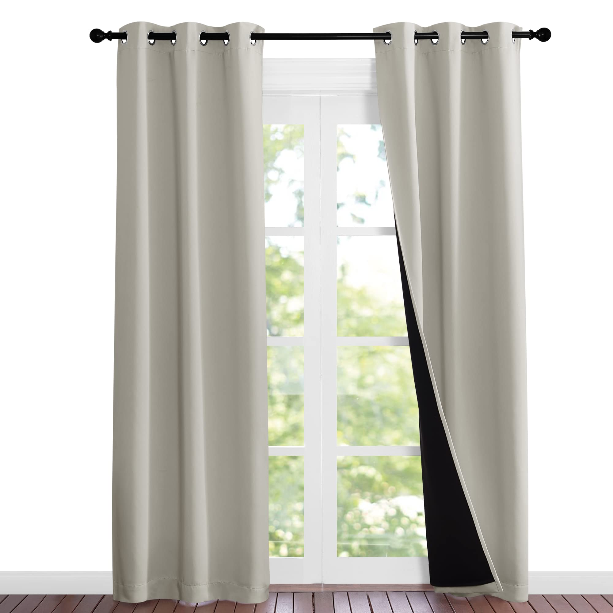 Nicetown Natural Blackout Curtains 84 Inches Long, Full Light Blocking Drapes With Black Liner, Noise Reducing Thermal Insulated