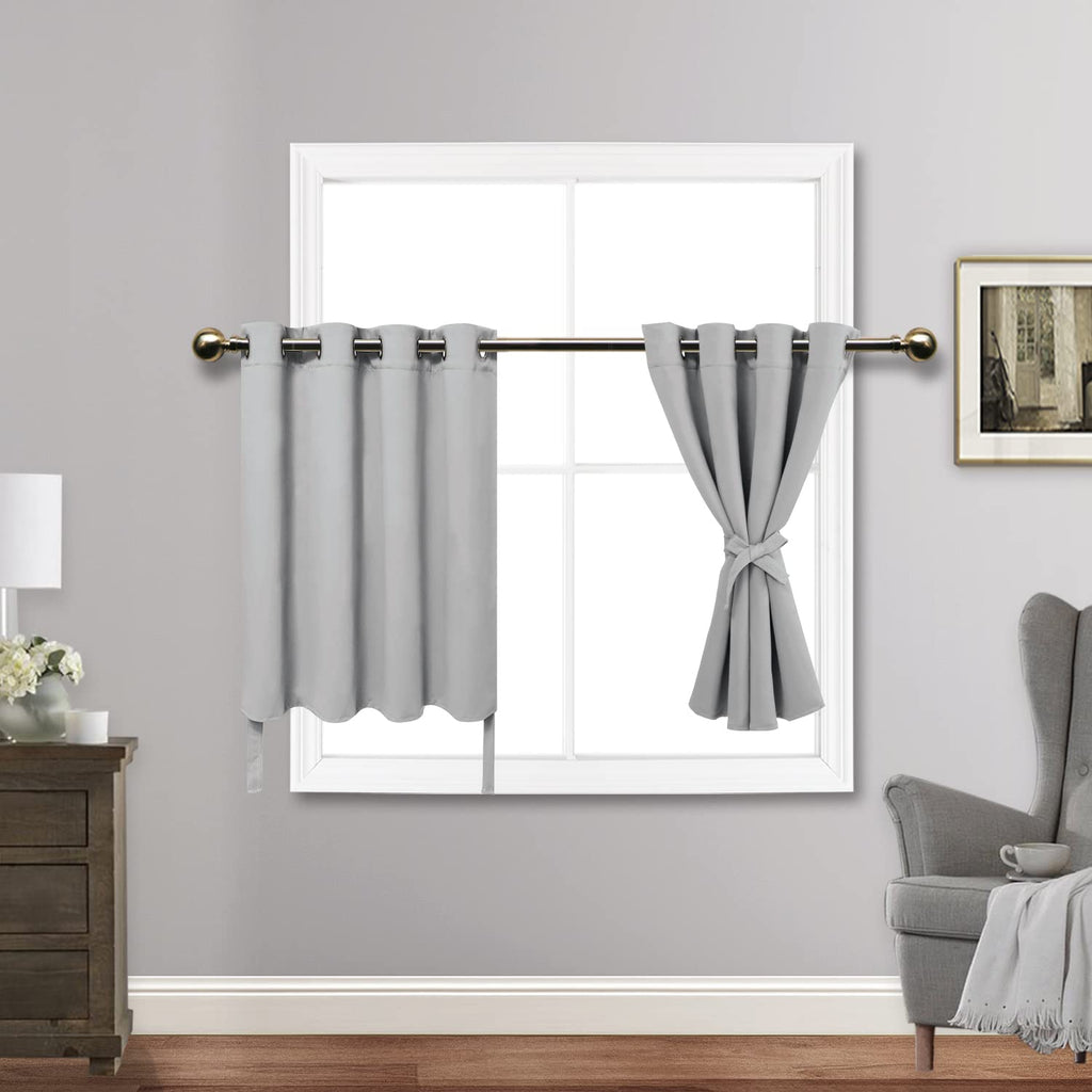 Jiuzhen Short Curtains Kitchen Half Window Blackout Curtains With Tiebacks For Baseroom Shadows, Grommet Curtains For Living Room, Set Of 2 Window Curtain Panels, 52 X 30 Inch Length,Silver Grey