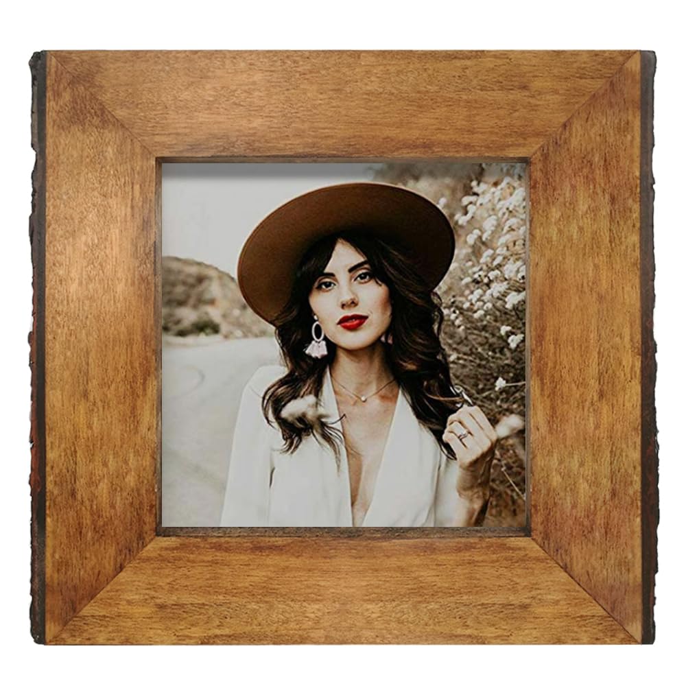 Ikeree 4X4 Rustic Picture Frames With Natural Bark Edges, Brown Wood Photo Frame For Tabletop Or Wall Mounting Display