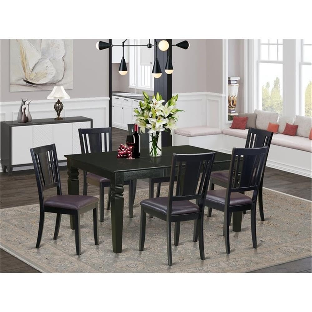 East West Furniture WEDU7-BLK-LC 7 Piece Dining Table Set Consist of a Rectangle Dinner Table with Butterfly Leaf and 6 Faux Leather Dining Room Chairs, 42x60 Inch, Black