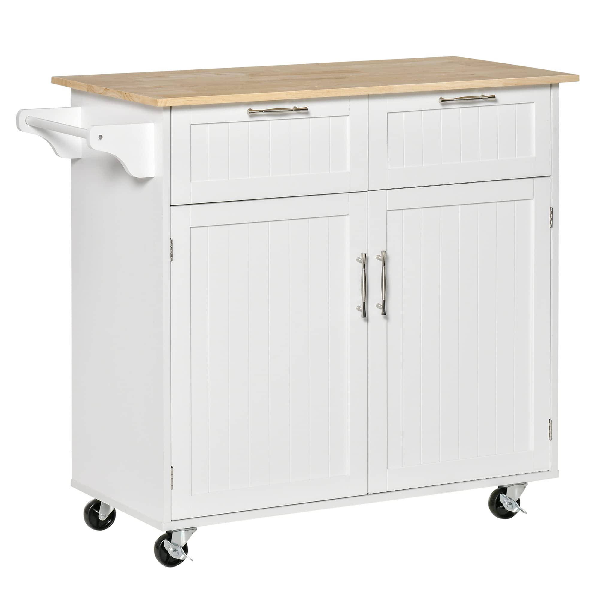 HOMCOM 41 Modern Rolling Kitchen Island on Wheels, Utility Cart Storage Trolley with Rubberwood Top & Drawers, White