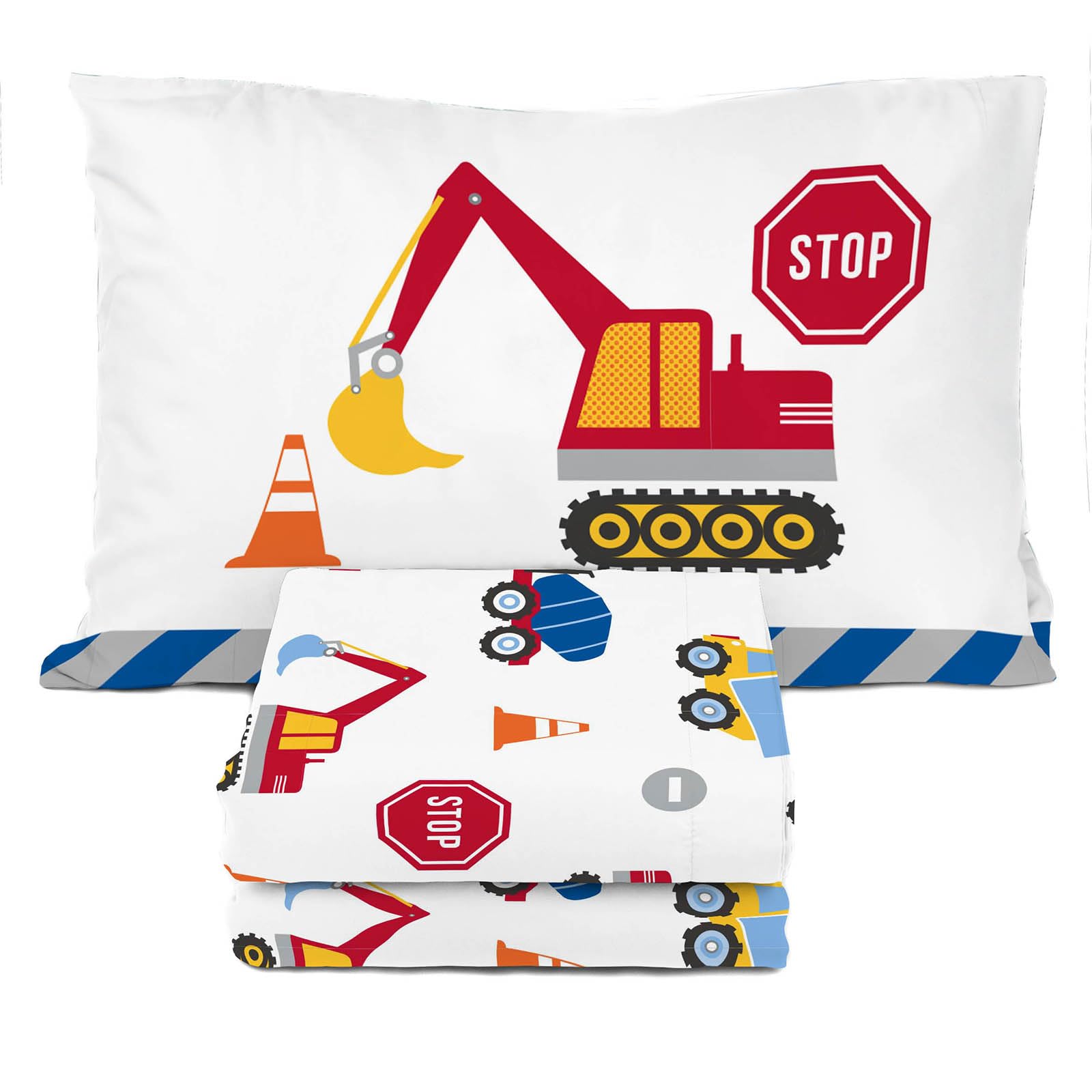 Sunny Side Up Construction Zone Twin Sheet Set - 3 Piece Kids Bedding Set Includes Pillow Cover - Super Soft Trucks Microfiber S