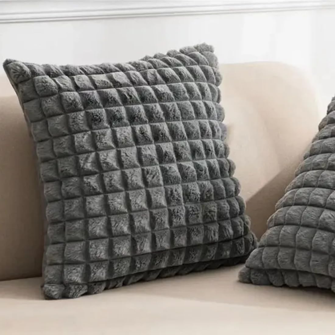 Monkdecor (O.F) Grey Faux Fur Cozy Soft Plaid Decorative Throw Pillow Covers 16X16 Inch Set Of 2,Velvet Pillowcase Cushion Case