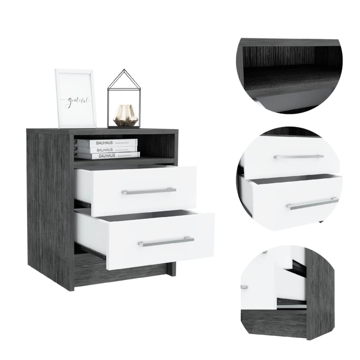 Nightstand 20" H, 2 Drawers, Superior Top, Metal Handles, Smokey Oak/White