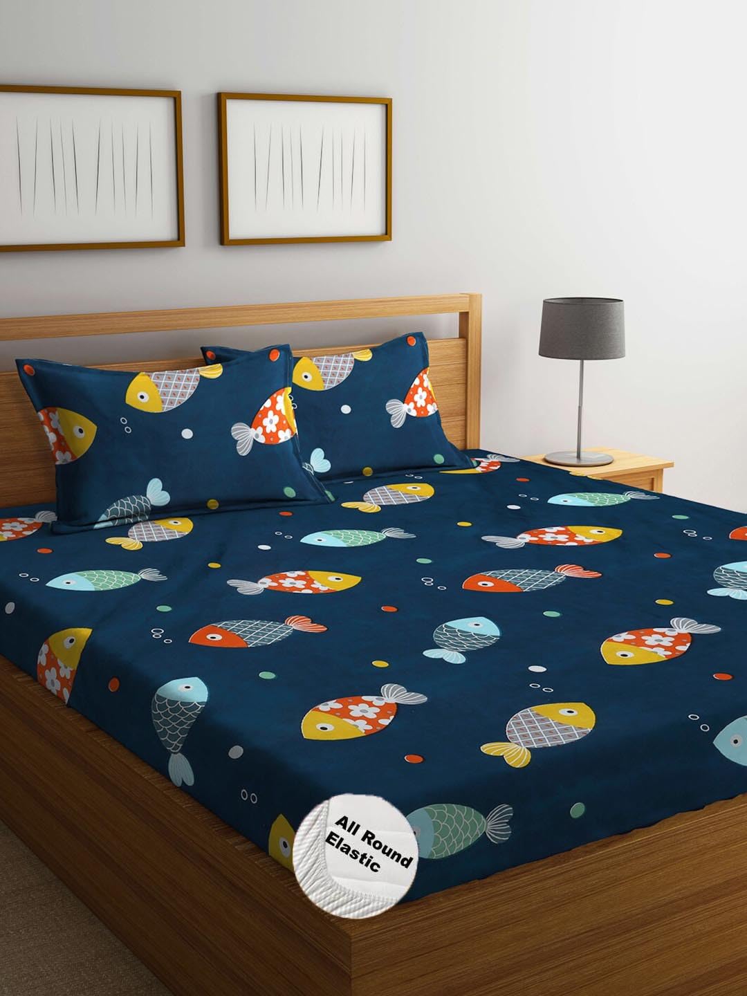 Decomizer 300 Tc Cartoon Kids Cotton Feel All Around Elastic Fitted King Size Double Bed Bedsheet With 2 Pillow Covers Fits Upto