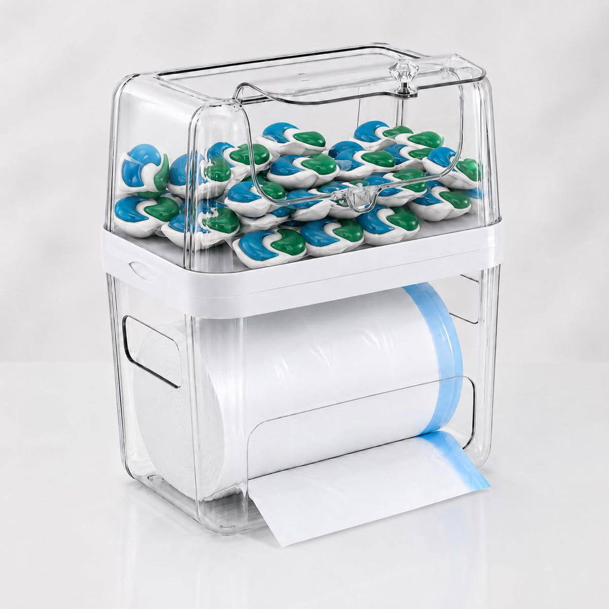 TZHYYB Trash Bag and Laundry pods Dispenser, 3in1 Clear Under Sink Organizer, Dishwasher Pod Storage Container, Stackable Kitc