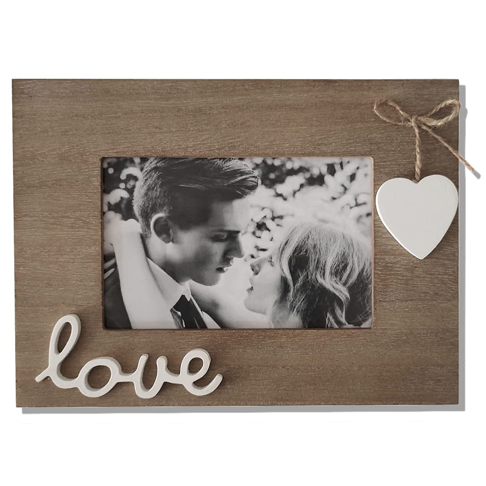 Simelecor 4x6 Love Picture Frame Wood Horizontal with Heart for Table Top and Wall Mounting-Distressed Wooden Photo Frame HD Gla