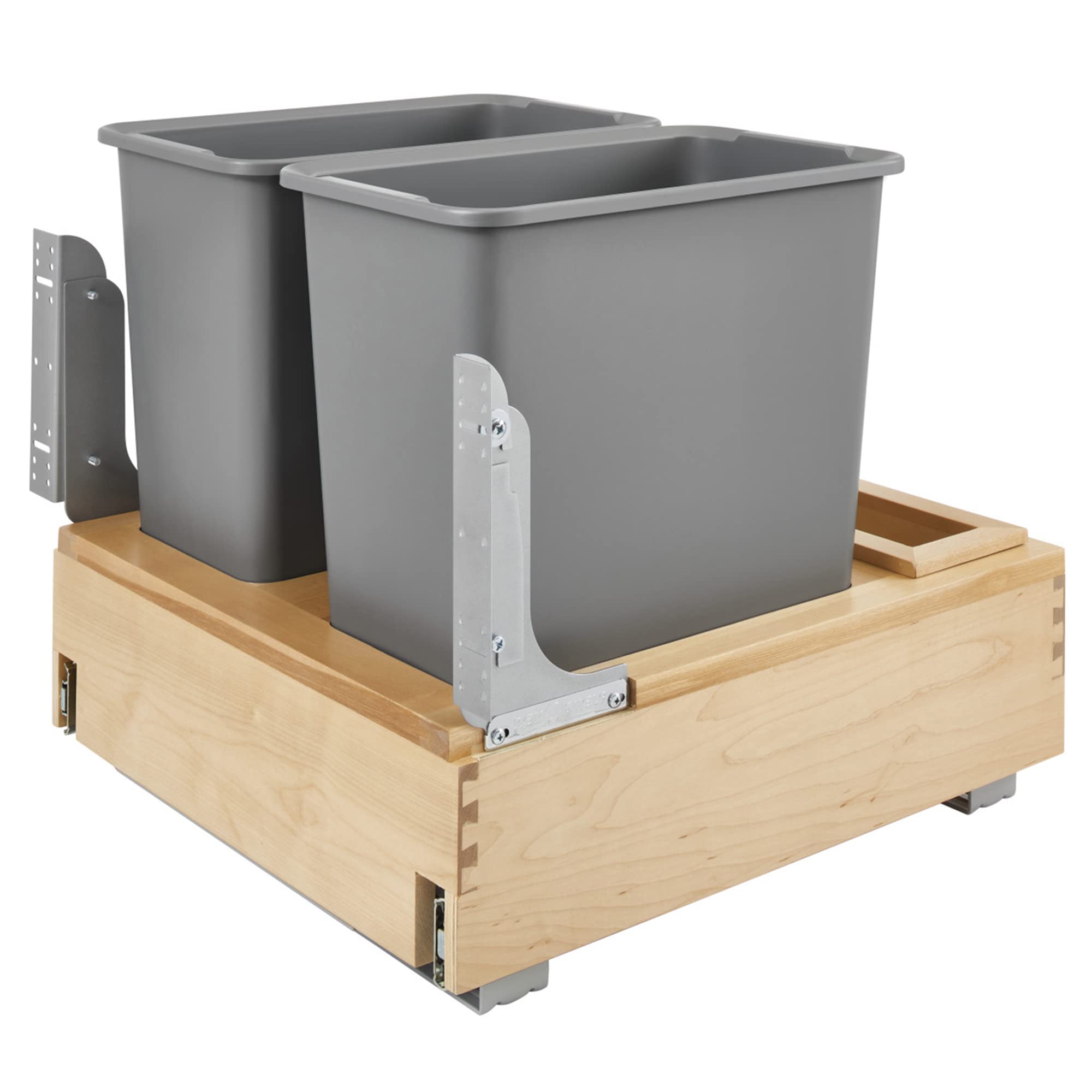 Rev-A-Shelf Double 30-Quart Pullout Under Cabinet Trash Cans with Soft Open & Close Slide System, Metallic Silver, Maple Wood Bo
