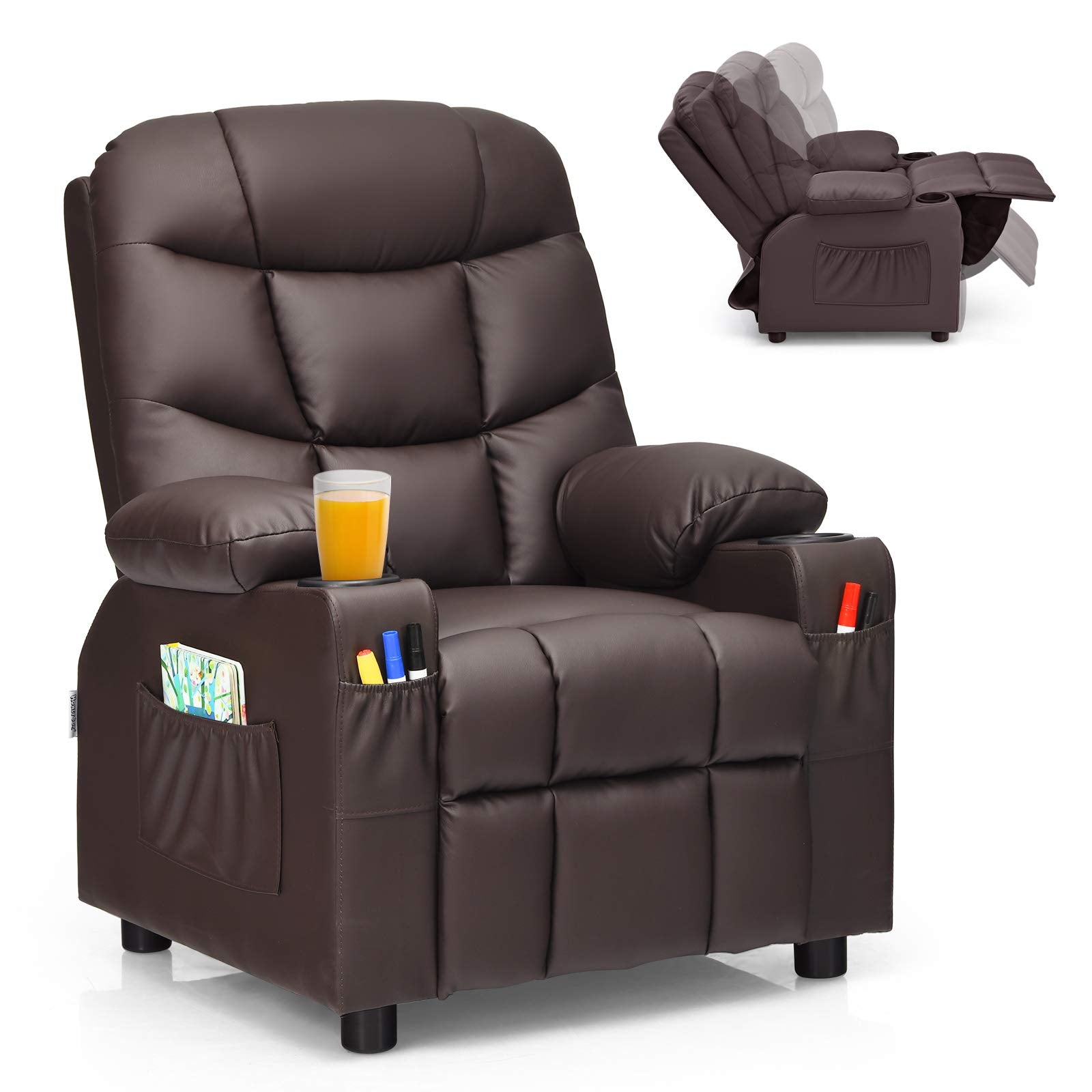 Costzon Kids Recliner Chair With Cup Holder, Adjustable Leather Lounge Chair W/Footrest & Side Pockets For Children Boys Girls Room, Ergonomic Toddler Furniture Sofa, Kids Recliner (Brown)
