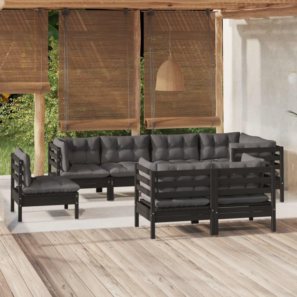 vidaXL Solid Pinewood Patio Lounge Set 8 Piece with Cushions Garden Outdoor Lawn Yard Terrace Balcony Wooden Seat Seating Furniture Black