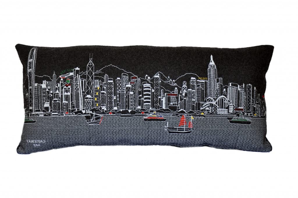HomeRoots Grey 35' Black Hong Kong Nighttime Skyline Lumbar Decorative Pillow