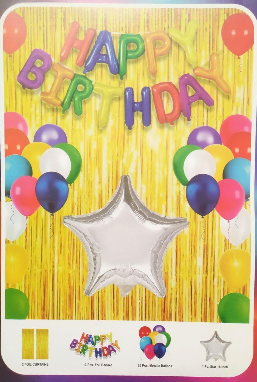 Birthday Party Decoration Kit Multicolor  Happy Birthday Foil Banner, 20 Pcs Balloons, 1 Star Balloon, 2 Foil Curtains (pack of