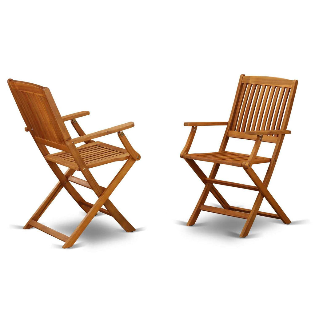 East West Furniture Selma 3 Piece Patio Bistro Set Contains a Square Outdoor Acacia Wood Coffee Table and 2 Folding Arm Chairs, 26x26 Inch, Natural Oil
