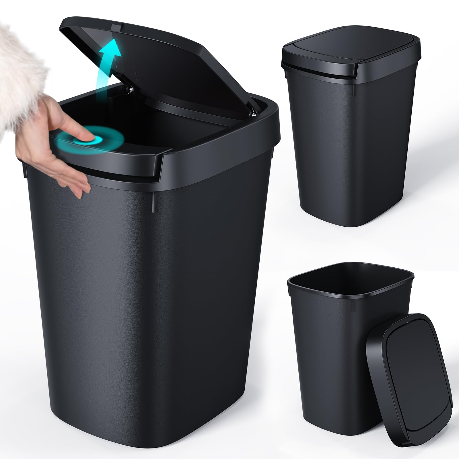 CEROELDA 3 Pack Bathroom Small Trash Can with Lid, 10L/2.6 Gal Slim Garbage Can with Press Top Lid, Plastic Wastebasket with Pop