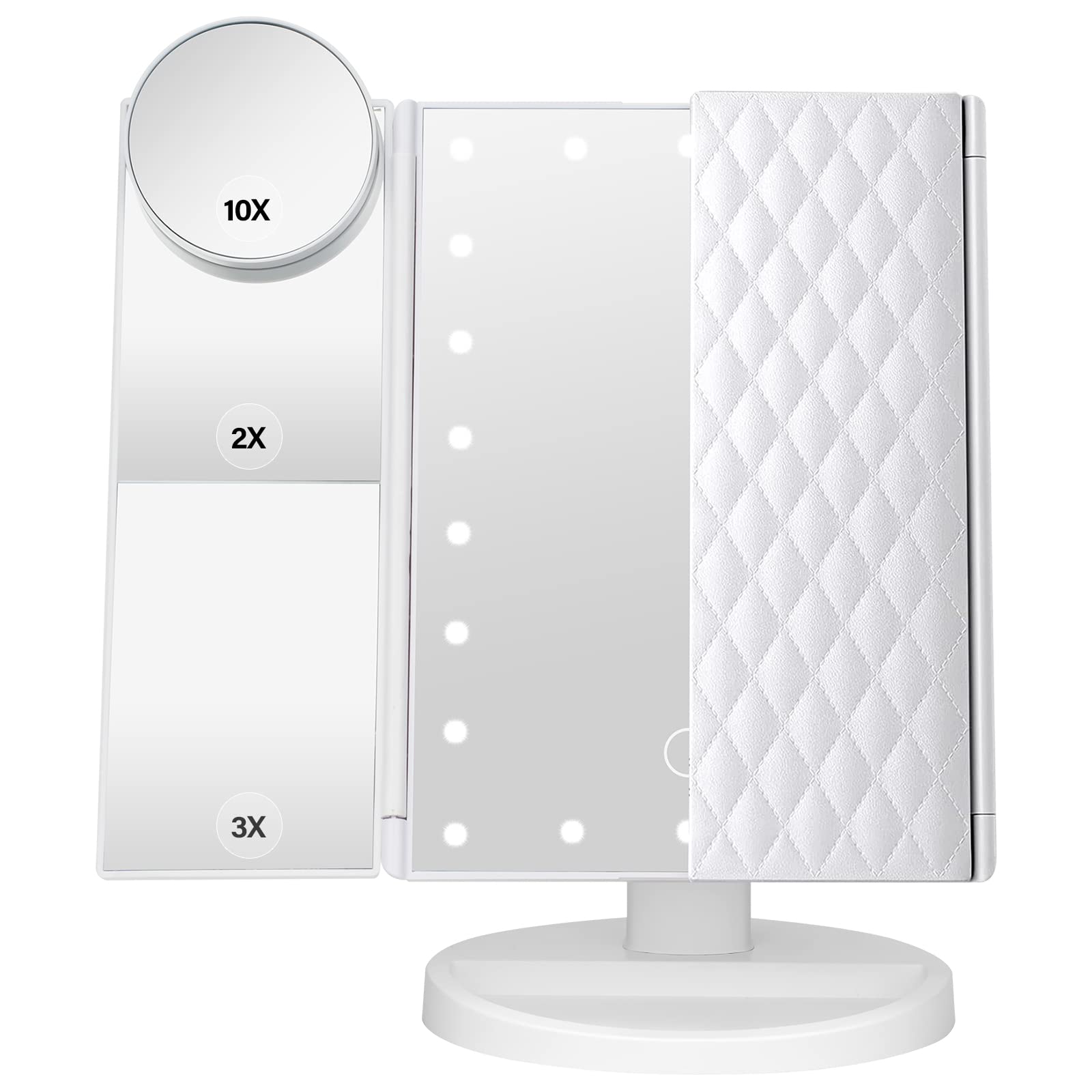 DenCert Makeup Mirror Vanity Mirror with Lights 1X 2X 3X 10X Magnification, Lighted Makeup Mirror, Touch Control, Tri-Fold Porta