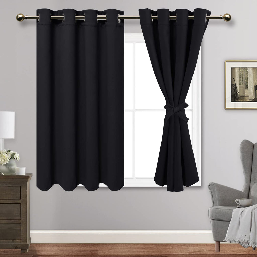 Jiuzhen Black Blackout Curtains With Tiebacks - Thermal Insulated, Light Blocking And Noise Reducing Grommet Curtains For Bedroom And Living Room, Set Of 2 Window Curtain Panels, 52 X 54 Inch Length