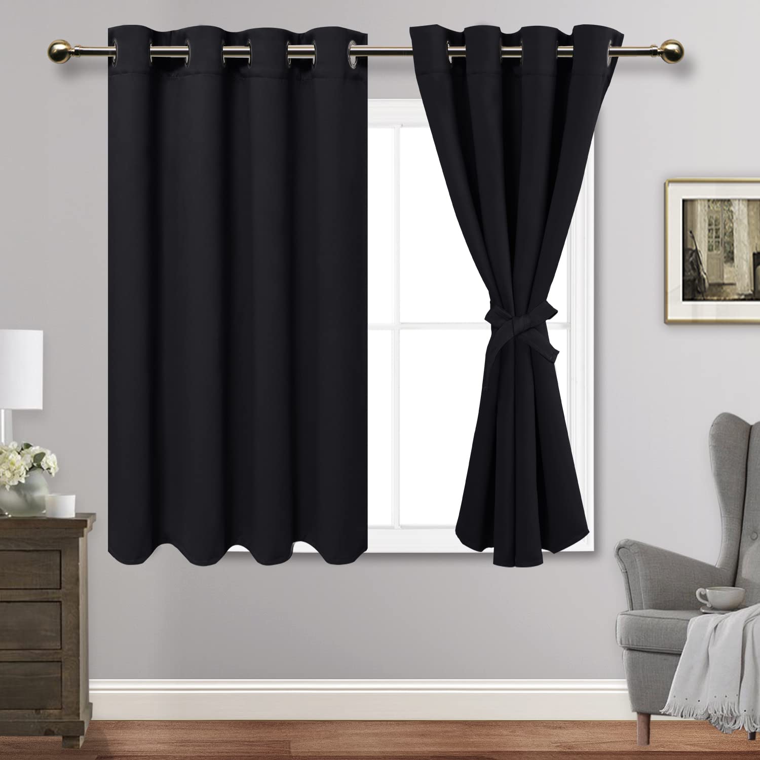 Jiuzhen Black Blackout Curtains With Tiebacks - Thermal Insulated, Light Blocking And Noise Reducing Grommet Curtains For Bedroom And Living Room, Set Of 2 Window Curtain Panels, 52 X 54 Inch Length