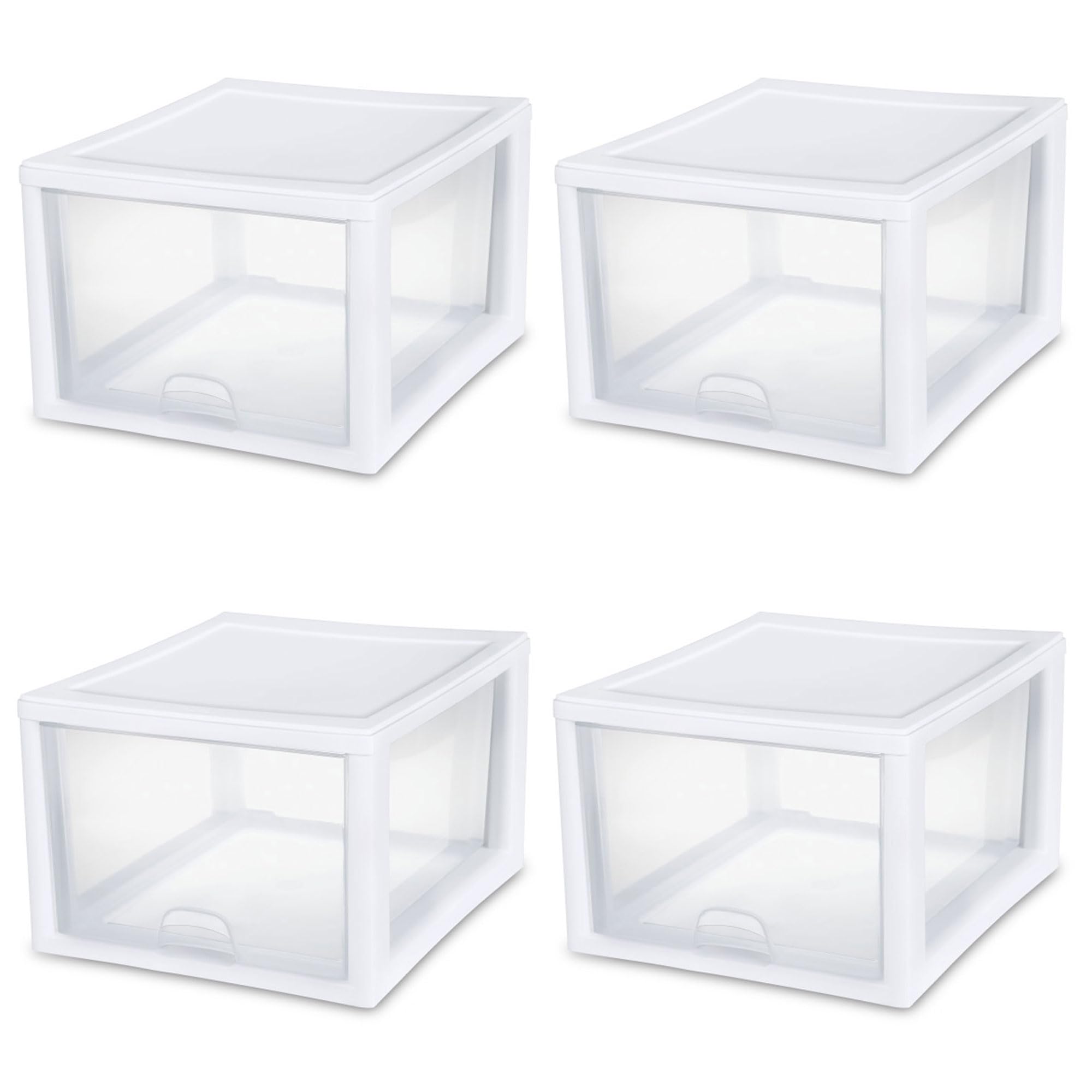 Sterilite 12-Pack 27 Quart Stacking Drawer, Clear Storage Closet Organizer, White Frame - Stackable Modular Plastic Drawers for 