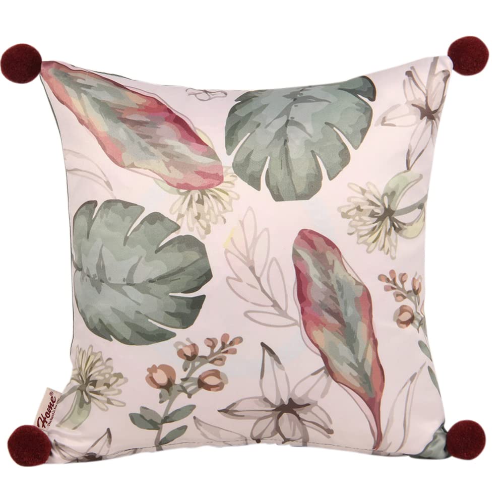 HomeThe Best Is For You Satin Floral Printed 12 Inch X 12 Inch Cushion Cover Green With Pompom On Each Corner, Pack Of 1 (Cc307