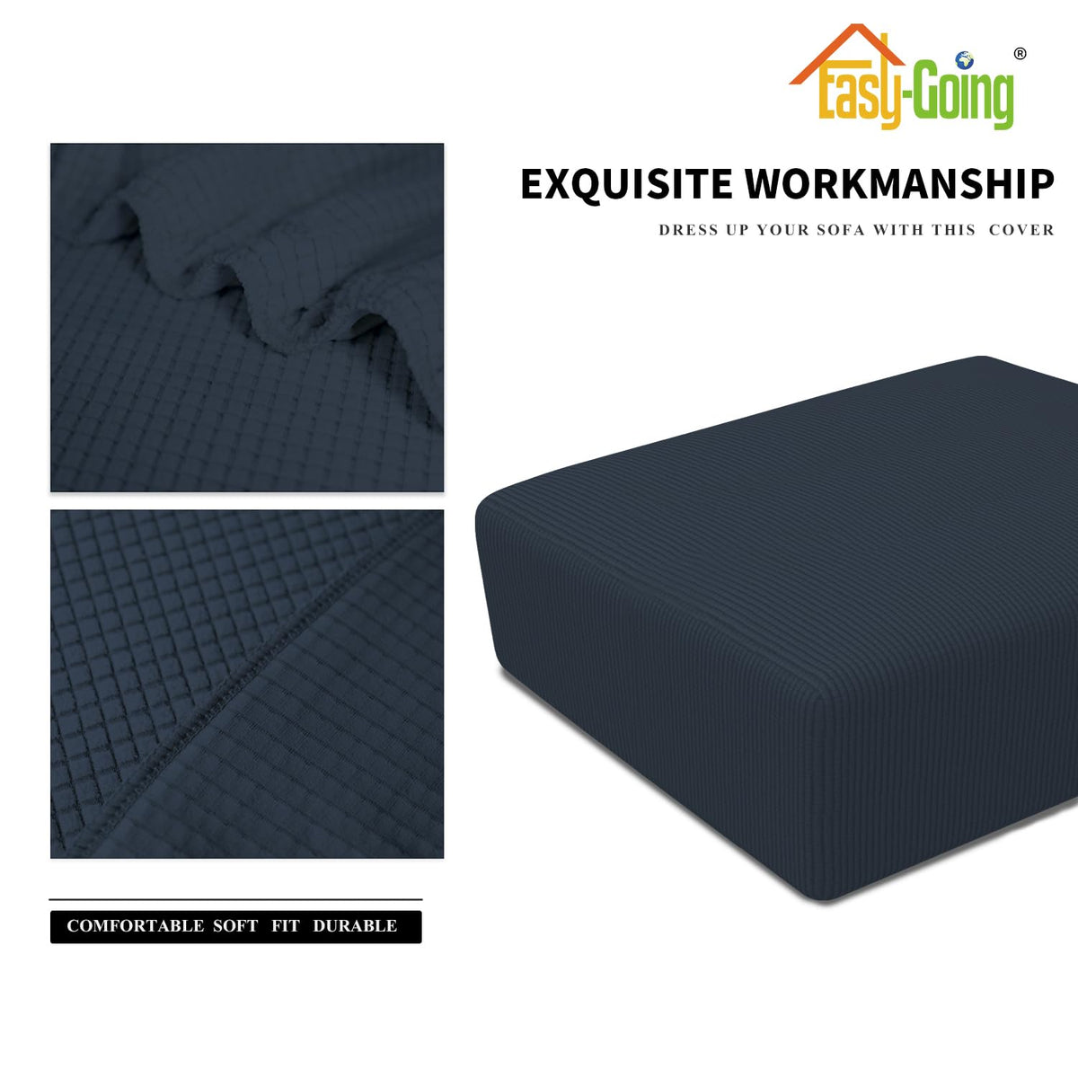 Easy-Going Stretch Square Ottoman Cover 40X40X15 Inch Folding Storage Stool Furniture Protector Soft Rectangle Slipcover With Elastic Bottom Dark Blue