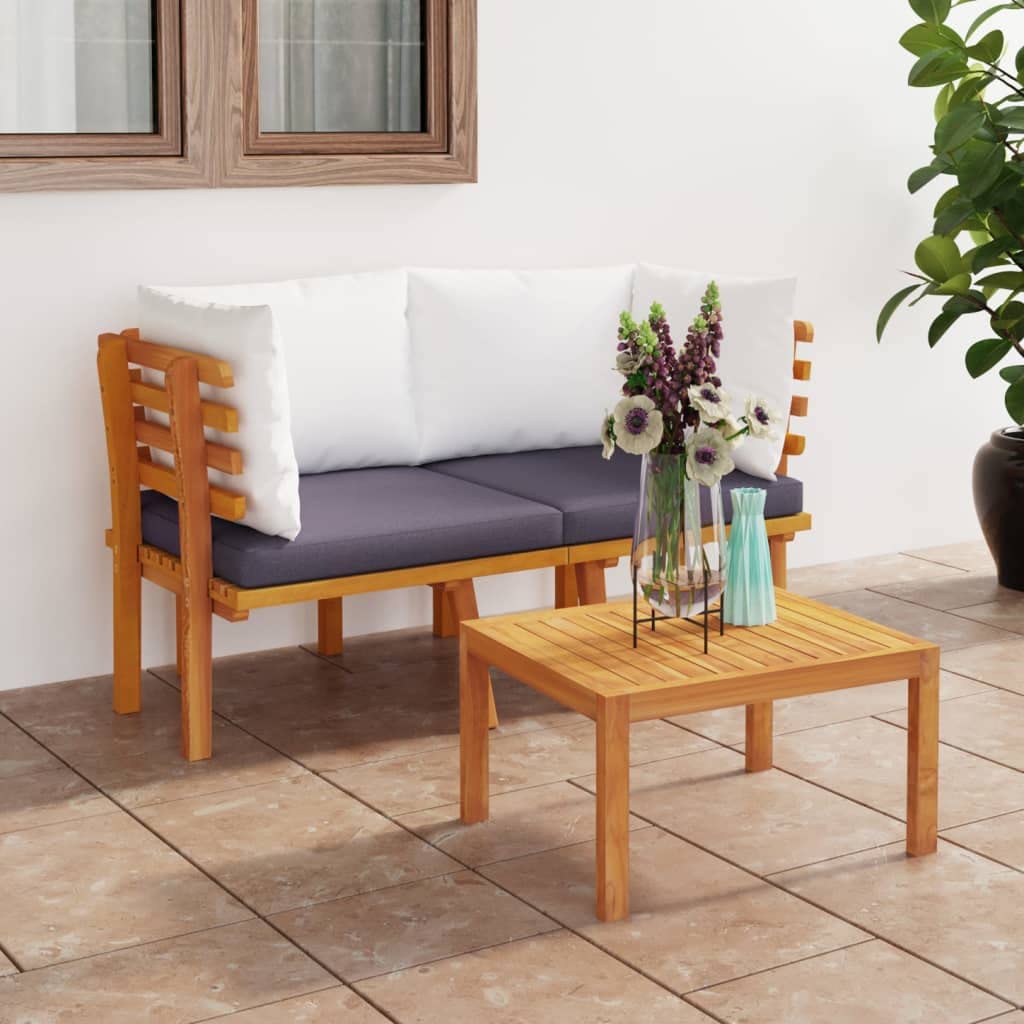 vidaXL Wooden Patio Sofa with Cushions - 2-Seater Solid Acacia Wood Patio Lounge Sofa with Dark Gray and White Cushions - Weather-Resistant - Outdoor Garden Furniture