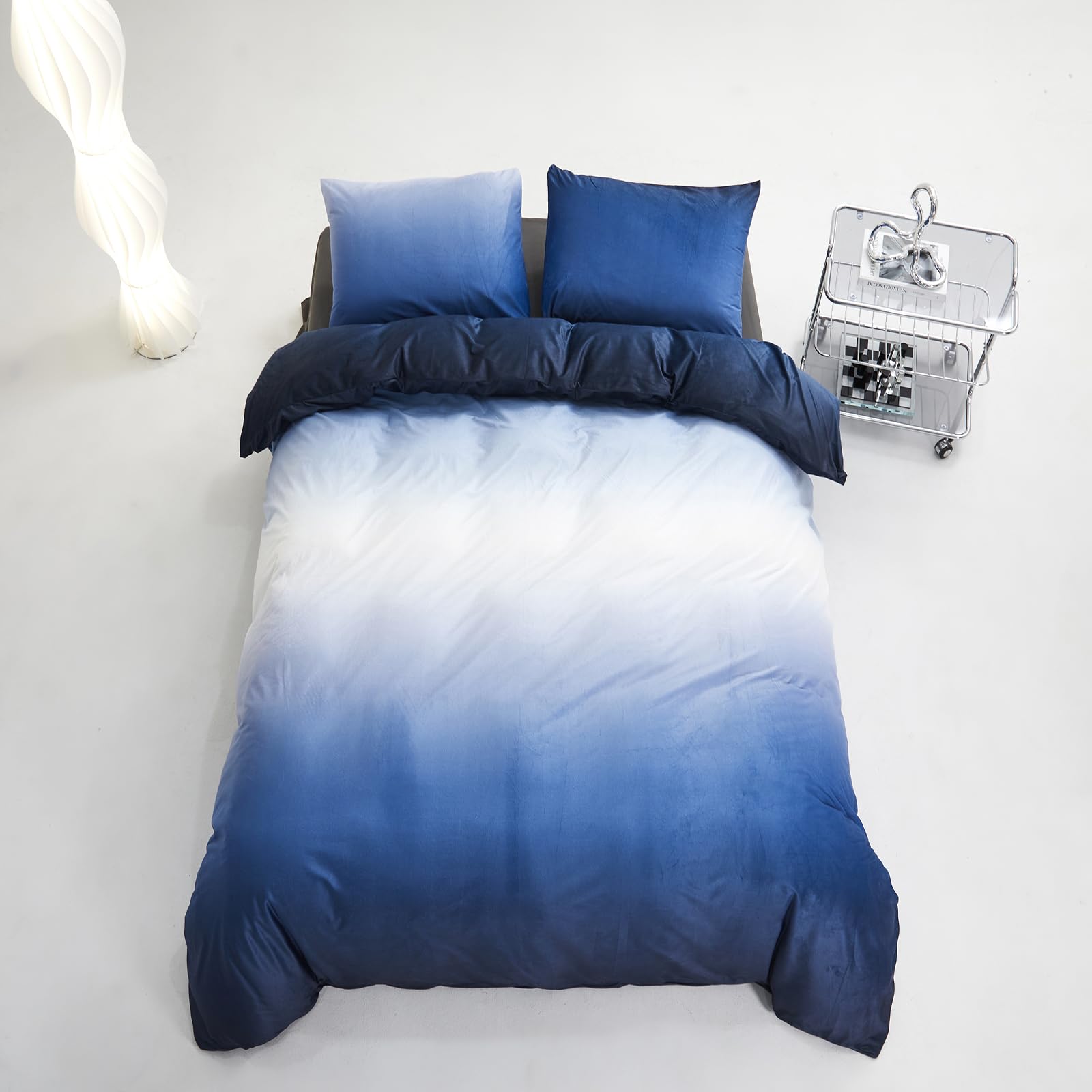 Karever Blue White Gradient Comforter Set Queen Blue Velvet Bedding Comforter Modern Plain White And Royal Blue Gradient Soft Qu