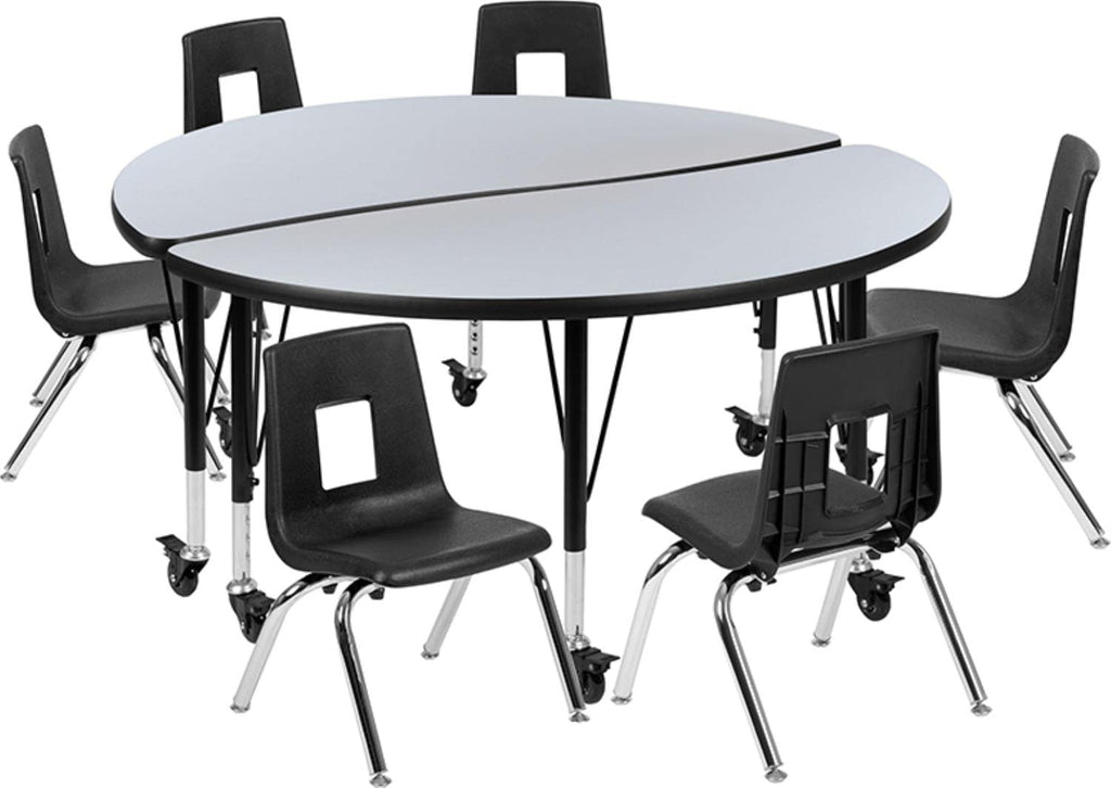Flash Furniture Mobile 47.5" Circle Wave Collaborative Laminate Activity Table Set With 14" Student Stack Chairs, Grey/Black