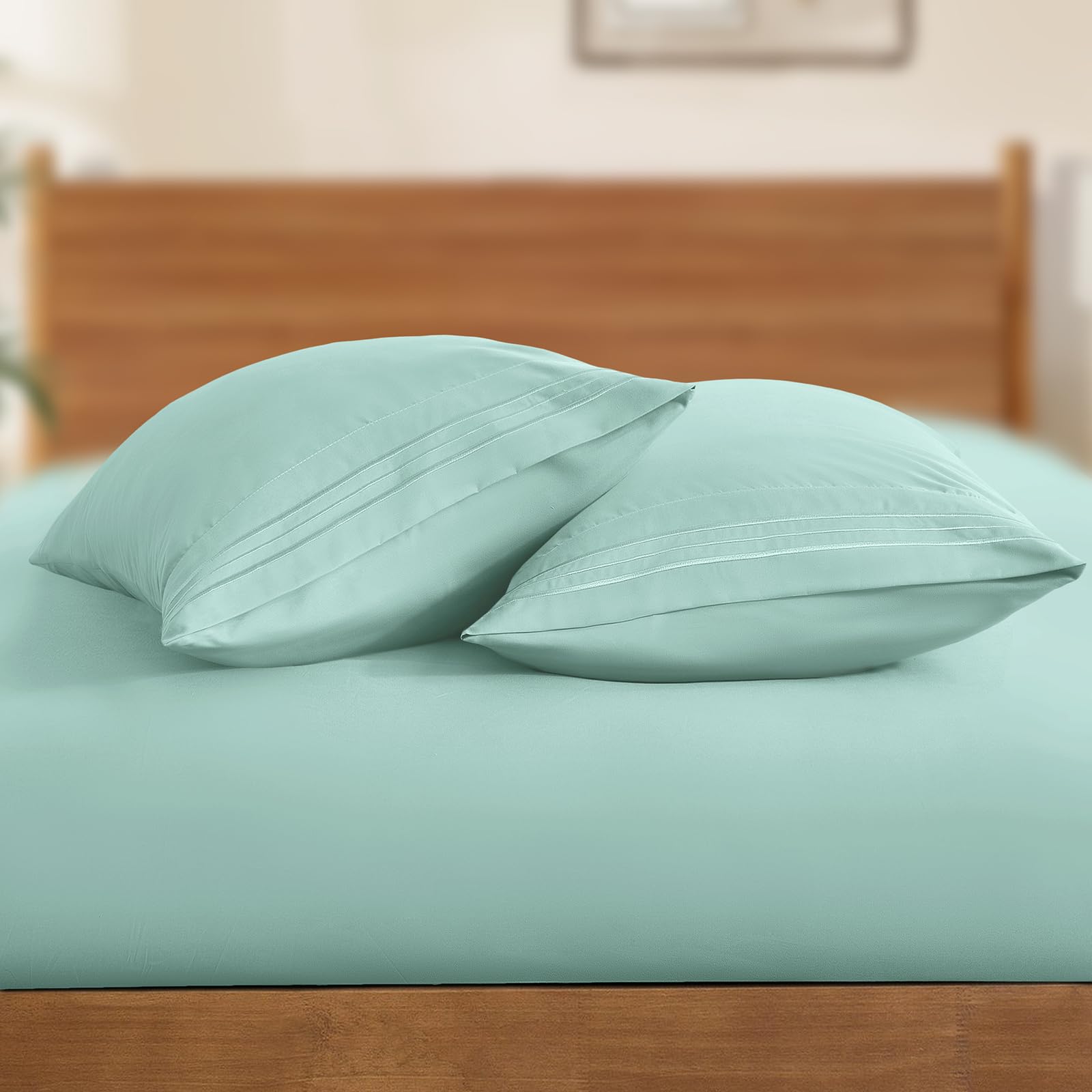 Horbaunal 2 Pack Microfiber Pillowcases King Size Mint Green Bed Pillow Cases With Envelope Closure, 1800 Thread Count Soft & Sh