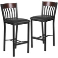 2 Pk. Vertical Back Black Metal and Walnut Wood Barstool with Black Vinyl Seat