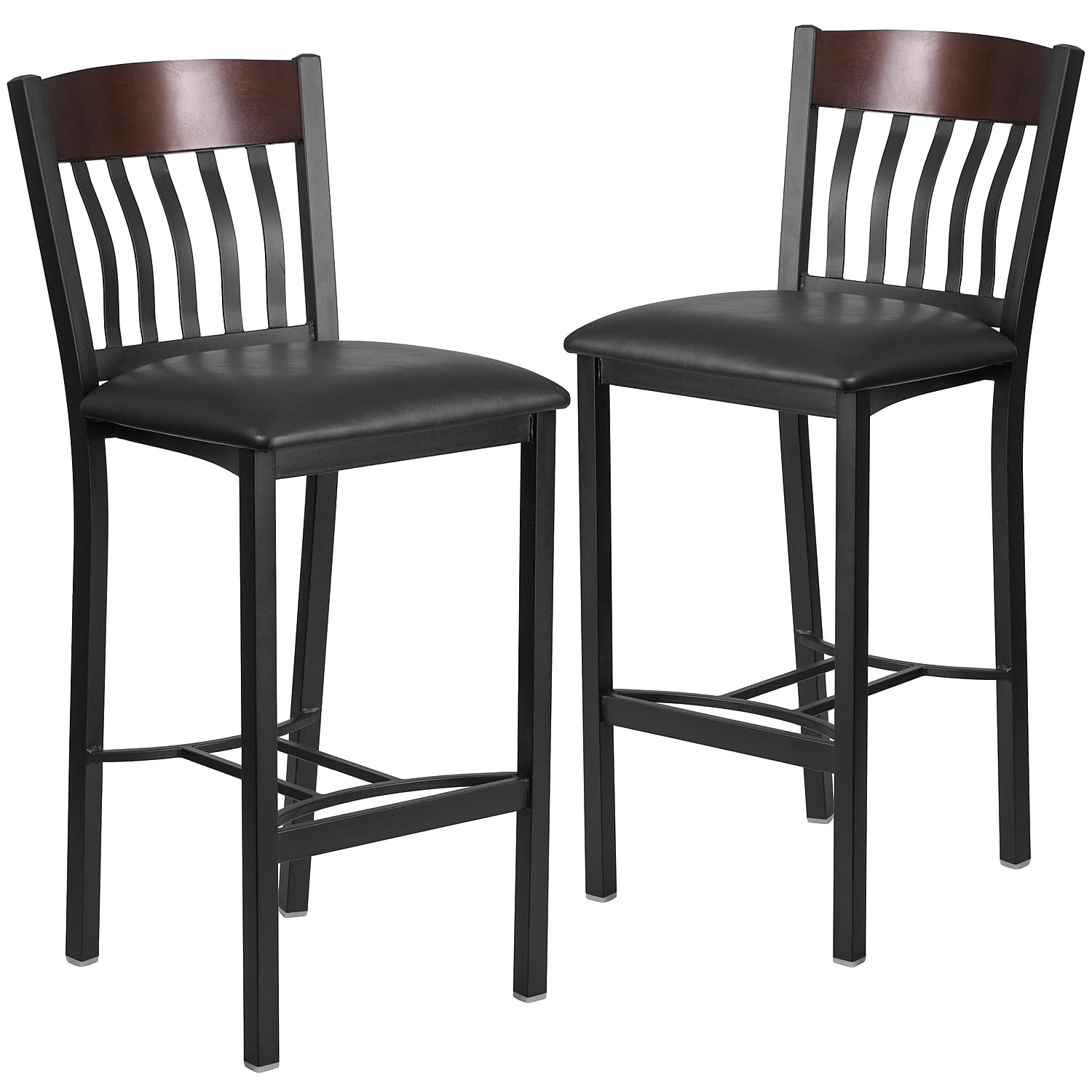 2 Pk. Vertical Back Black Metal and Walnut Wood Barstool with Black Vinyl Seat