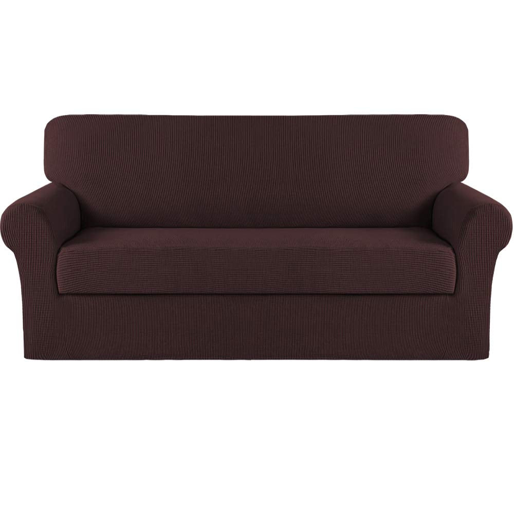 Turquoize Stretch Sofa Slipcover 2 Pieces Sofa Cover Couch Cover For 3 Cushion Couch Washable Furniture Protector Covers With Elastic Bottom Feature Thick Jacquard Fabric (Sofa, Brown)