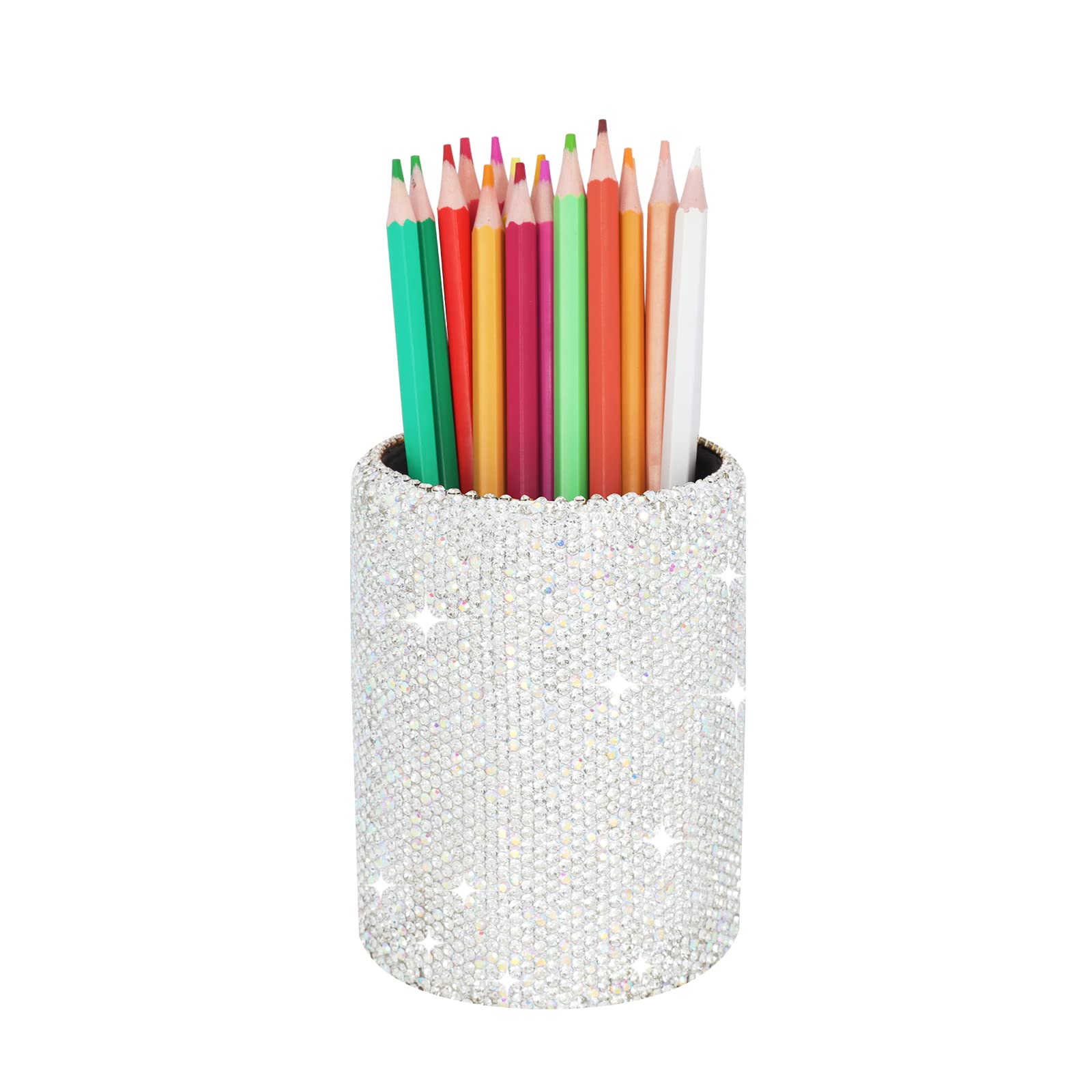 Keypower Luxurious Crystal Rhinestone Pen Organizer Holder Cosmetic Pen Container Comb Brushes Personalized (Round, Silver)